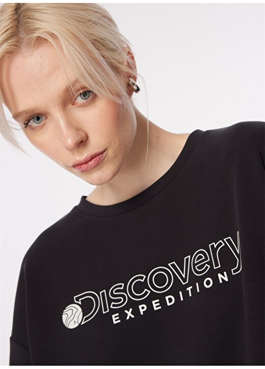 Discovery Expedition Siyah Kadın Bisiklet Yaka Oversize Baskılı T-Shirt D4SL-TST3043 2
