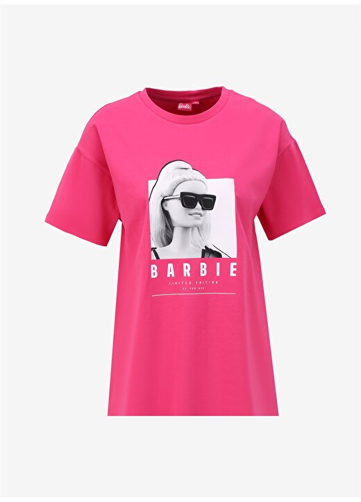 Barbie Pembe Kadın Bisiklet Yaka Loose Fit Baskılı T-Shirt BRB4SL-TST6088 1