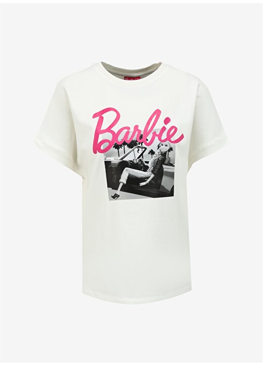 Barbie Bisiklet Yaka Baskılı Ekru Kadın T-Shirt BRB4SL-TST6090 1