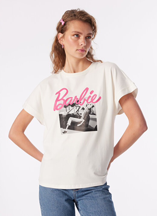 Barbie Bisiklet Yaka Baskılı Ekru Kadın T-Shirt BRB4SL-TST6090 4