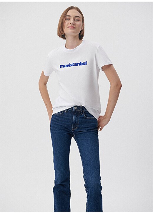 Mavi Bisiklet Yaka Beyaz Kadın T-Shirt M1612108-620 MAVİSTANBUL BASKILI Tİ 1
