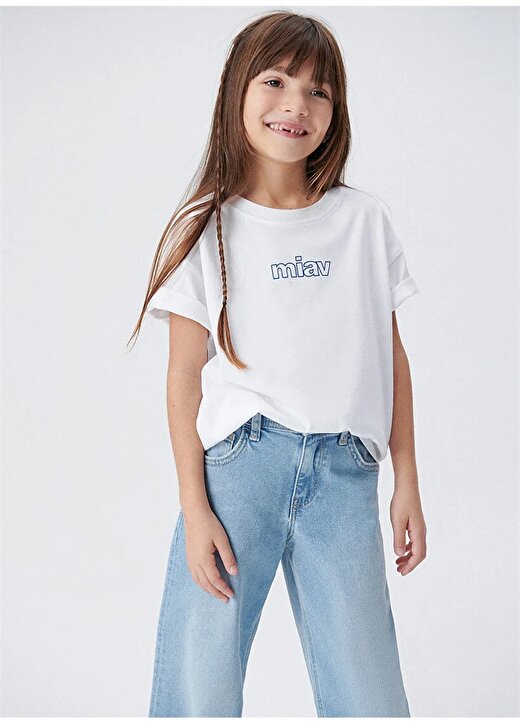 Mavi Beyaz Kız Çocuk T-Shirt MIAV BASKILI TİŞÖRT White 2