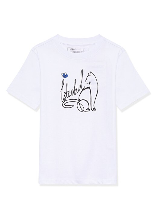Mavi Baskılı Beyaz Kız Çocuk T-Shirt İSTANBUL KEDİ BASKILI TİŞÖRT White 1