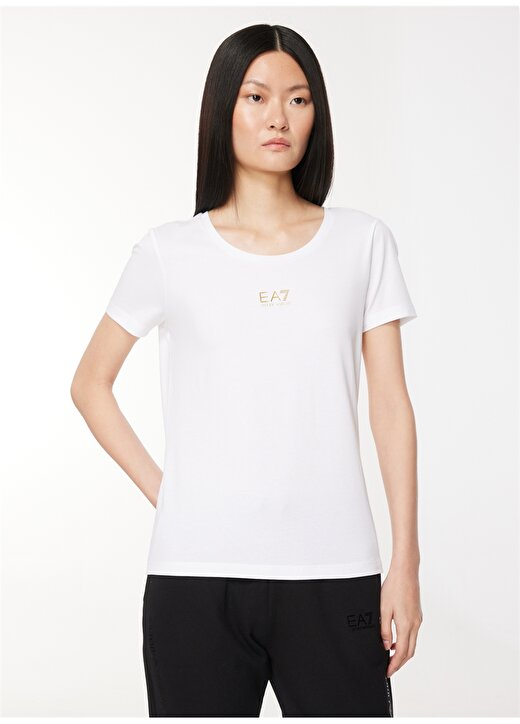EA7 Bisiklet Yaka Düz Beyaz Kadın T-Shirt 6RTT23 2