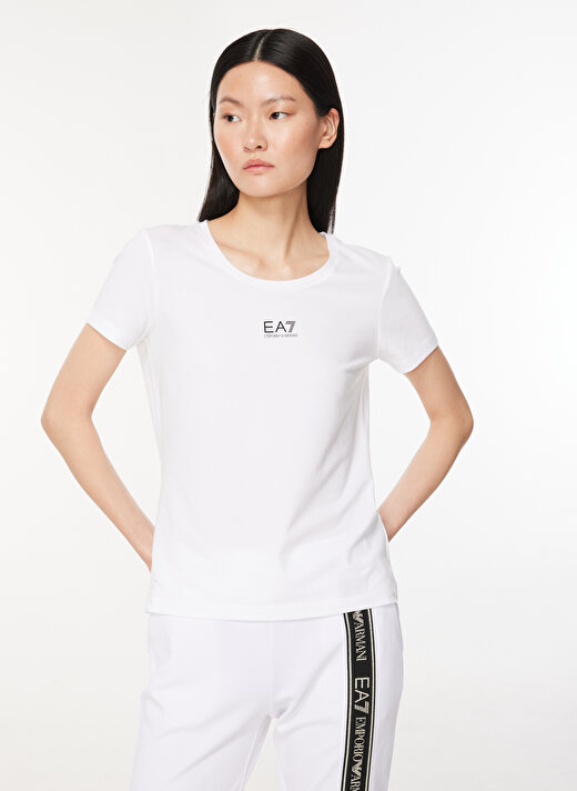 EA7 Bisiklet Yaka Düz Beyaz - Altın Kadın T-Shirt 6RTT23 3