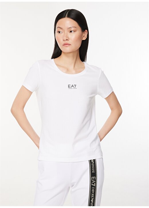 EA7 Bisiklet Yaka Düz Beyaz - Altın Kadın T-Shirt 6RTT23 3