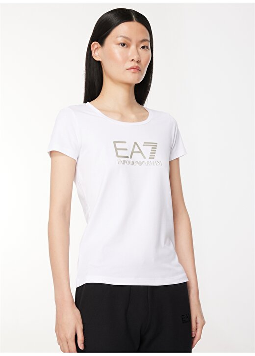 EA7 Bisiklet Yaka Düz Beyaz Kadın T-Shirt 8NTT66 2