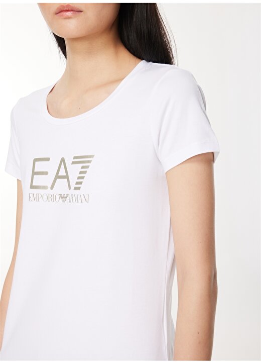 EA7 Bisiklet Yaka Düz Beyaz Kadın T-Shirt 8NTT66 4