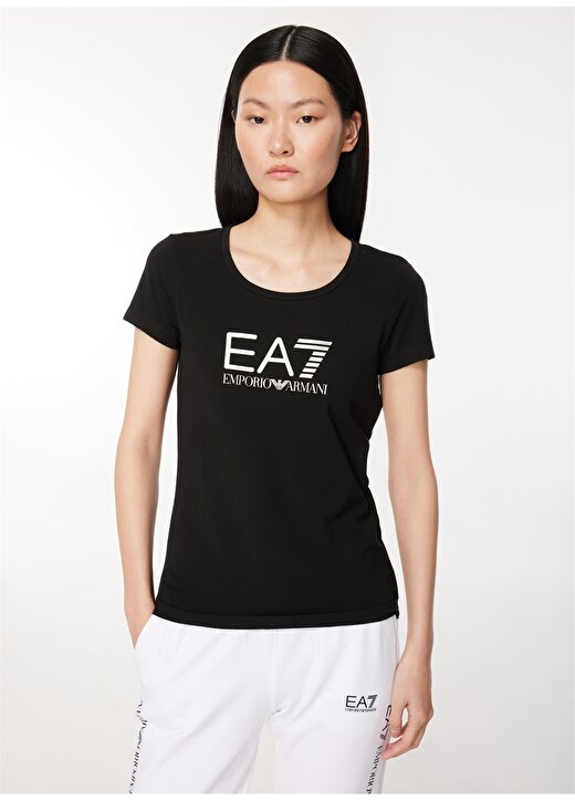 EA7 Bisiklet Yaka Düz Siyah Kadın T-Shirt 8NTT66 2