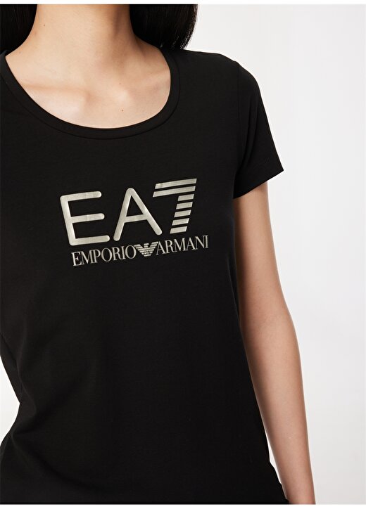 EA7 Bisiklet Yaka Düz Siyah Kadın T-Shirt 8NTT66 4