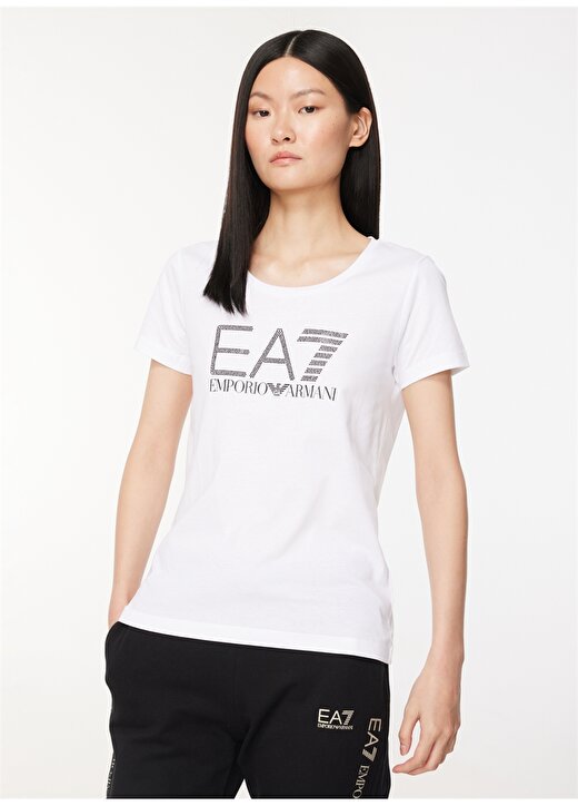 EA7 Bisiklet Yaka Düz Beyaz Kadın T-Shirt 6RTT29 2