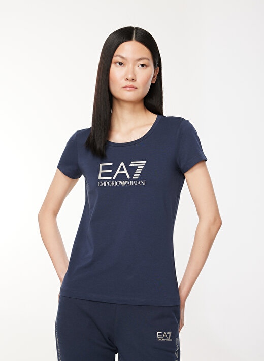 EA7 Bisiklet Yaka Düz Mavi - Lacivert Kadın T-Shirt 8NTT66 3