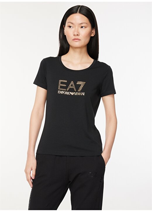 EA7 Bisiklet Yaka Düz Siyah Kadın T-Shirt 8NTT67 3