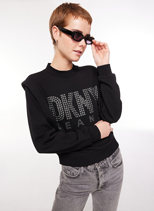 Dkny Jeans Siyah Kadın Bisiklet Yaka Baskılı Sweatshirt E3IHZUQV 1