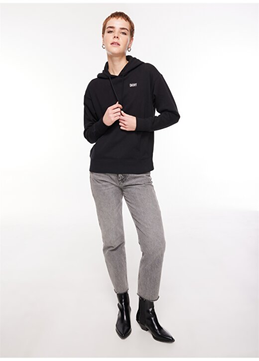 Dkny Jeans Kapüşon Yaka Düz Siyah - Gümüş Kadın Sweatshırt DP2T9057 3