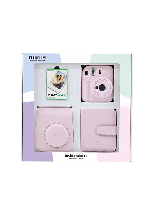 Instax Mini 12 Pembe Fotoğraf Makinesi 10'Lu Film Kare Albüm Ve Deri Kılıf Bundle Box 1