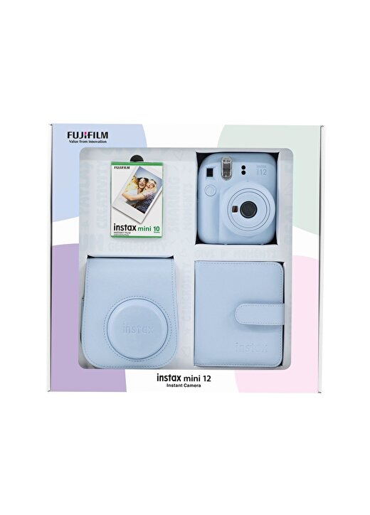 Instax Mini 12 Mavi Fotoğraf Makinesi 10'Lu Film Kare Albüm Ve Deri Kılıf Bundle Box 1
