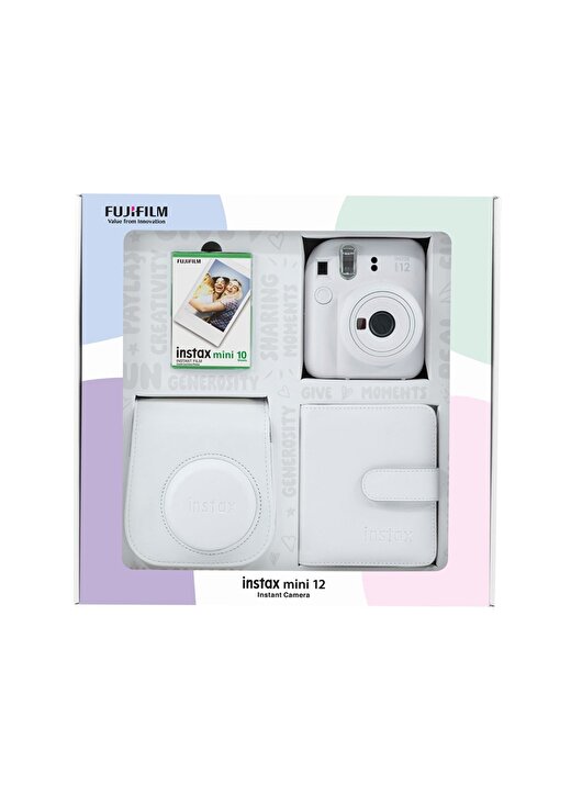 Instax Mini 12 Beyaz Fotoğraf Makinesi 10'Lu Film Kare Albüm Ve Deri Kılıf Bundle Box 1