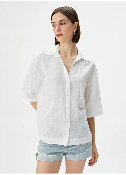 Koton Regular Fit Gömlek Yaka Beyaz Kadın Gömlek 4SAK60022PW 3