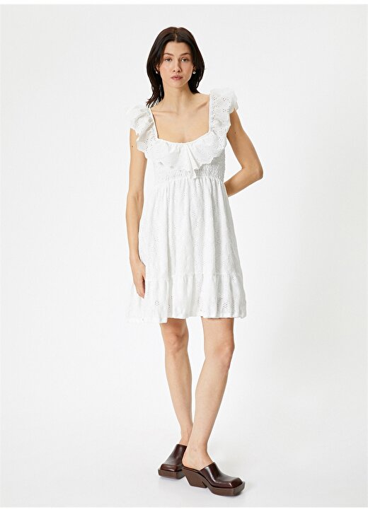 Koton V Yaka Beyaz Diz Altı Kadın Elbise 4SAK80092EK 3