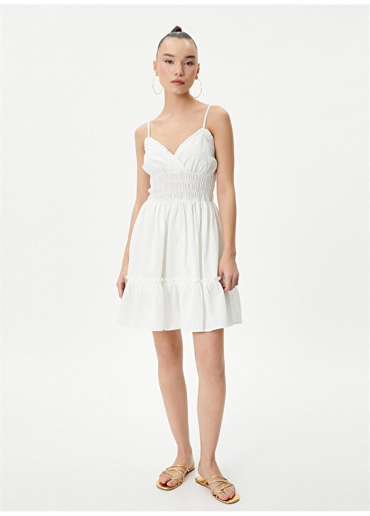 Koton V Yaka Beyaz Mini Kadın Elbise 4SAL80049IW 3