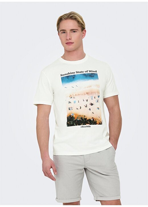 Only & Sons O Yaka Baskılı Beyaz Erkek T-Shirt ONSKOLTON REG BEACH PHOTOPRINT SS T 1