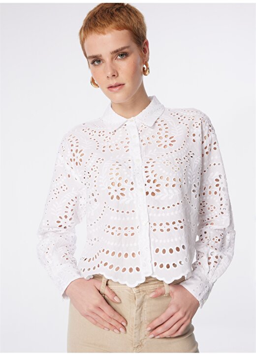 Only Normal Gömlek Yaka Güpür Beyaz Kadın Gömlek ONLBOBBY LALISA EMB SHORT SHIRT WVN 2