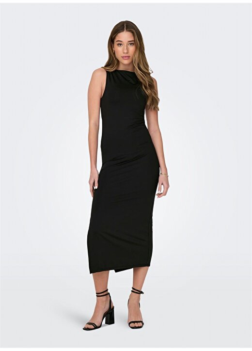 Only O Yaka Düz Siyah Standart Kadın Elbise ONLEA S/L LONG SLIT DRESS JRS NOW 1