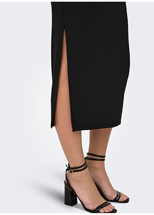 Only O Yaka Düz Siyah Standart Kadın Elbise ONLEA S/L LONG SLIT DRESS JRS NOW 3