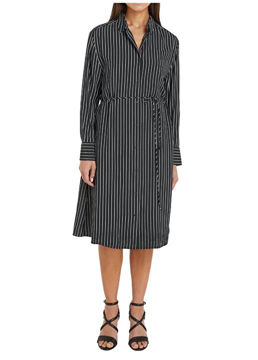 Tommy Hilfiger Gömlek Yaka Çizgili Siyah Diz Altı Kadın Elbise FLUID VISCOSE CREPE KNEE DRESS 1
