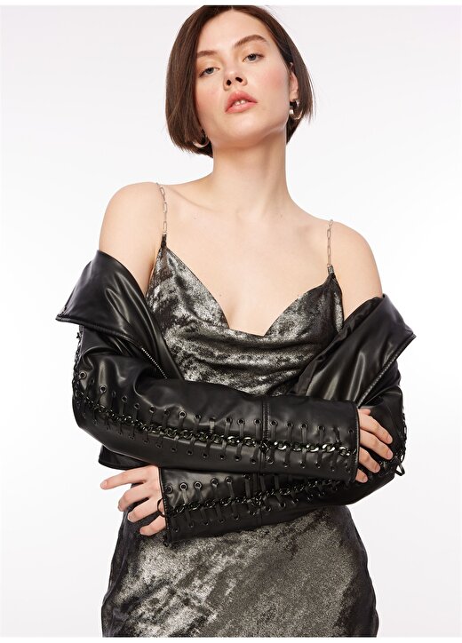 Guess Kare Yaka Siyah - Metalik Standart Kadın Elbise W4RK77WFQA0-F902 3