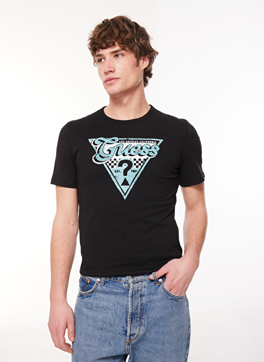 Guess Bisiklet Yaka Düz Siyah Erkek T-Shirt M4RI06I3Z14JBLK_SS CN TRIANGLE GUES 1