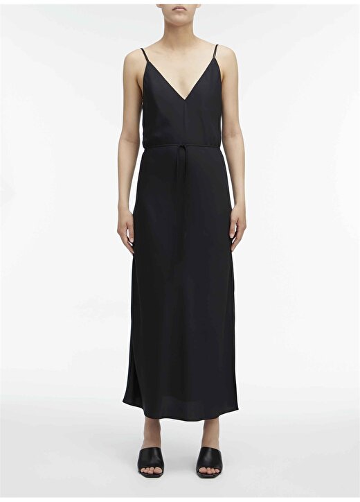 Calvin Klein V Yaka Düz Siyah Uzun Kadın Elbise GERİ DÖNÜŞTÜRÜLMÜŞ CDC MIDI SLIP DR 1