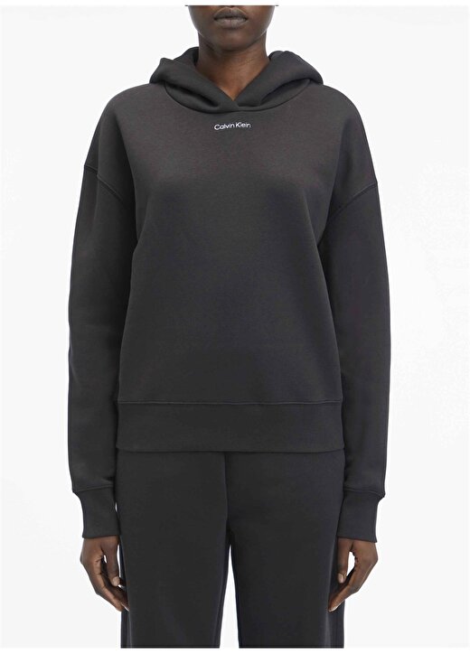 Calvin Klein Kapüşon Yaka Düz Siyah Kadın Sweatshırt METALLIC MICRO LOGO HOODIE 1