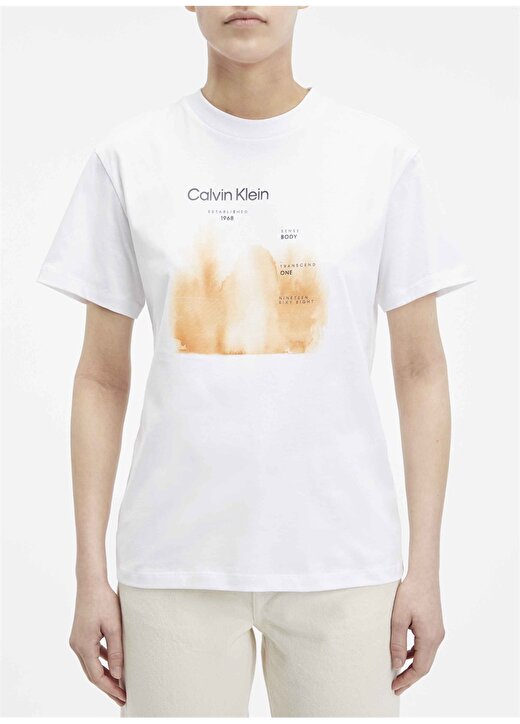 Calvin Klein Bisiklet Yaka Baskılı Beyaz Kadın T-Shirt WATERCOLOR FADE T SHIRT 1