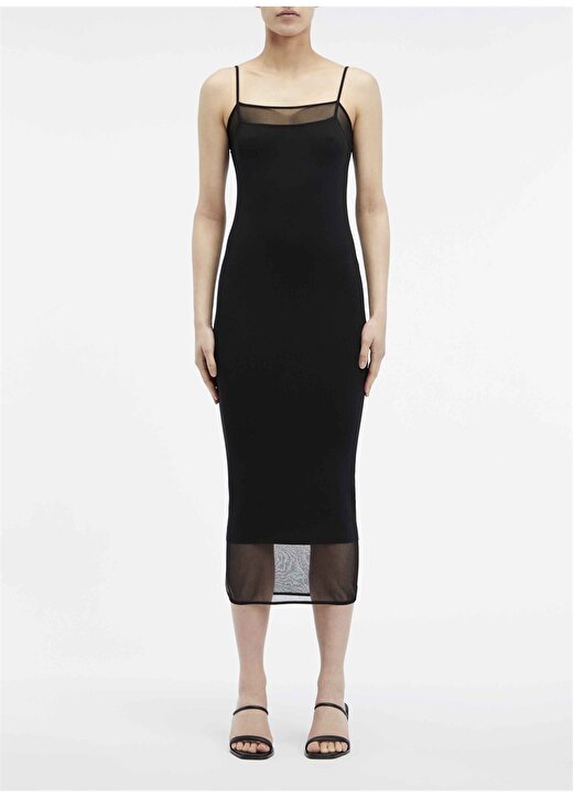 Calvin Klein Kare Yaka Düz Siyah Diz Altı Kadın Elbise SHEER & MATT SLIP DRESS 1