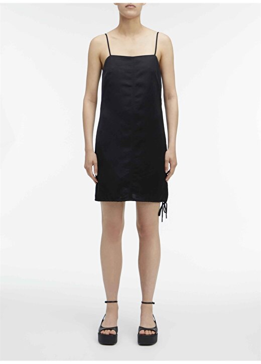 Calvin Klein Siyah Kadın Kare Yaka Kısa Keten Elbise VISCOSE LINEN MINI SLIP DRESS 1