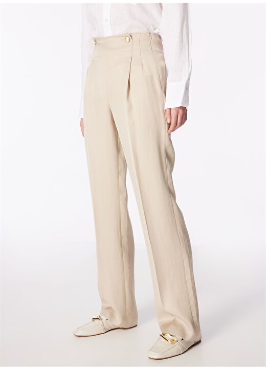 Brooks Brothers Normal Bel Regular Fit Bej Kadın Pantolon Düğme Detaylı Pileli Keten Pantolon 2