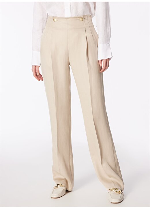 Brooks Brothers Normal Bel Regular Fit Bej Kadın Pantolon Düğme Detaylı Pileli Keten Pantolon 3