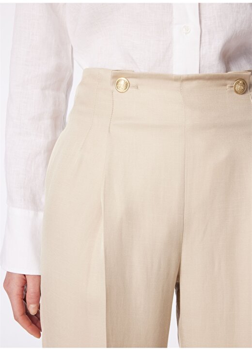 Brooks Brothers Normal Bel Regular Fit Bej Kadın Pantolon Düğme Detaylı Pileli Keten Pantolon 4