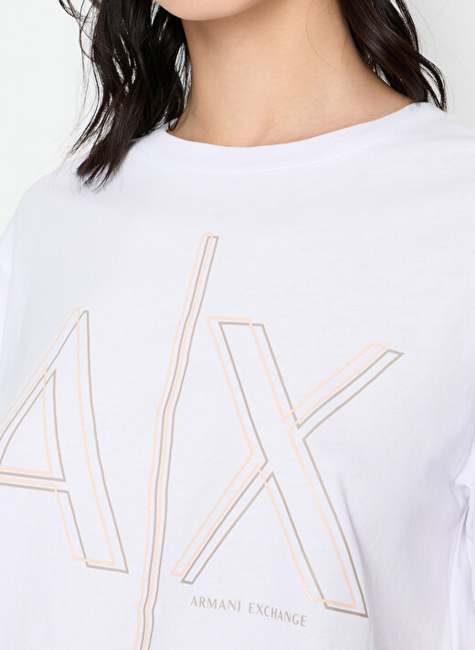 Armani Exchange Bisiklet Yaka Baskılı Beyaz Kadın T-Shirt 3DYT06 3