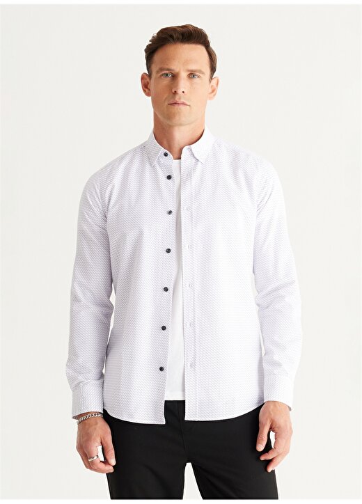 Altınyıldız Classics Slim Fit Düğmeli Yaka Beyaz - Siyah Erkek Gömlek 4A2024100015 4