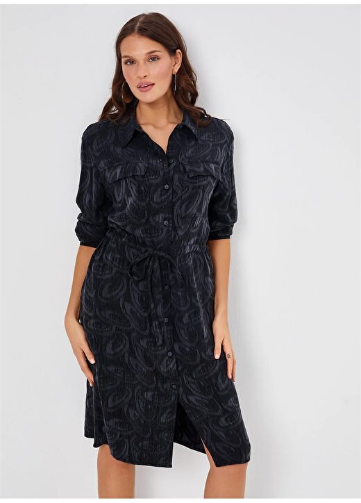 Faik Sönmez Gömlek Yaka Siyah Diz Altı Kadın Elbise U68291 3