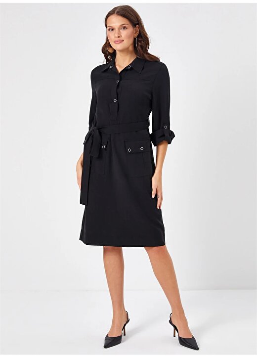 Faik Sönmez Polo Yaka Siyah Diz Altı Kadın Elbise U68301 1