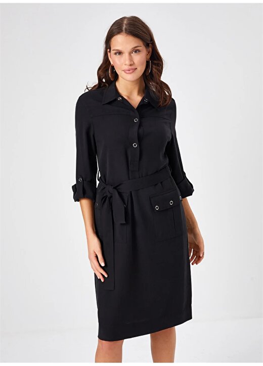 Faik Sönmez Polo Yaka Siyah Diz Altı Kadın Elbise U68301 2