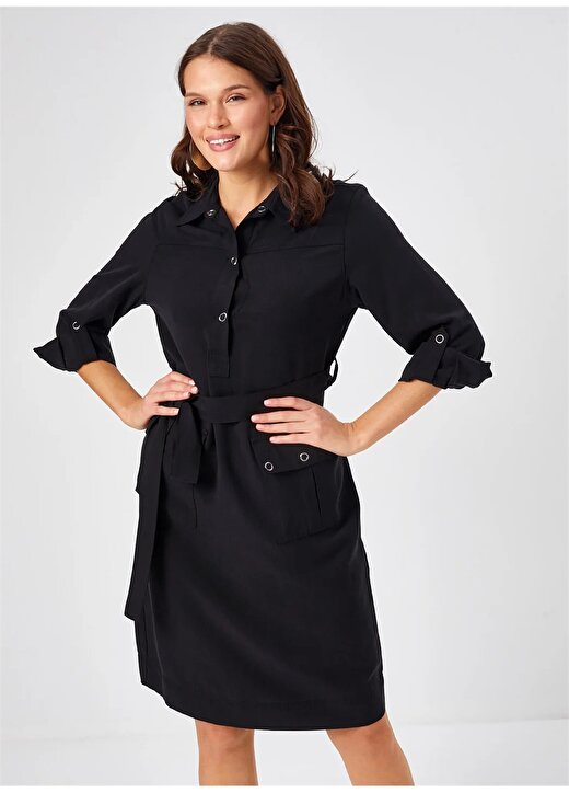 Faik Sönmez Polo Yaka Siyah Diz Altı Kadın Elbise U68301 3