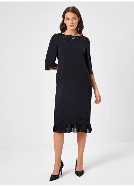 Faik Sönmez Yuvarlak Yaka Siyah Diz Altı Kadın Elbise U68267 1