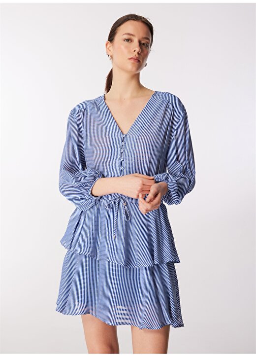 Network Klasik Yaka Mavi - Beyaz Uzun Kadın Elbise 1091240 3