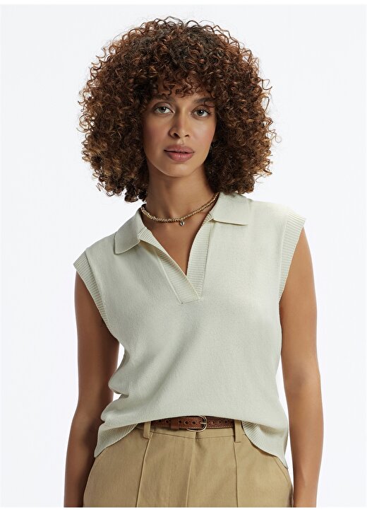 Yargıcı Gömlek Yaka Düz Yeşil Kadın T-Shirt 24YKTR2020X 3