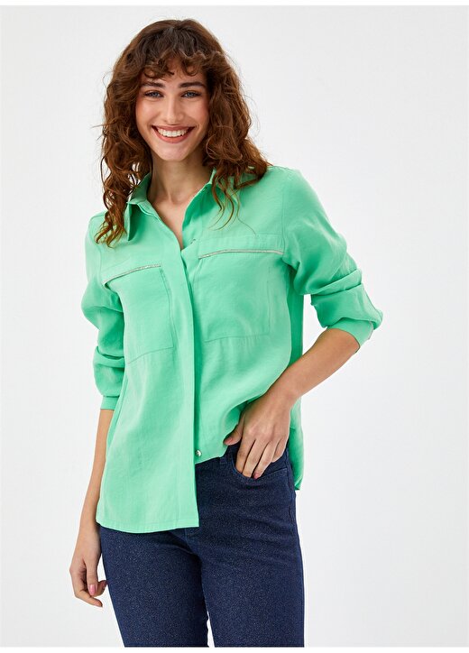 Faik Sönmez Normal Gömlek Yaka Açık Yeşil Kadın Gömlek U68262 2